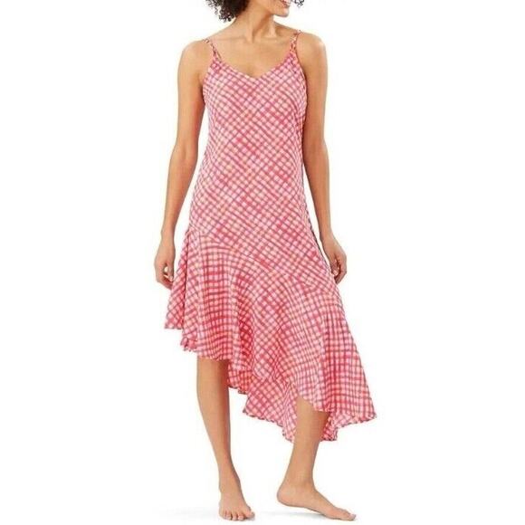 Tommy Bahama Slip Dress Large Tall Gingham Straps Maxi Beach Ruffles‎ Vibrant - Picture 3 of 12